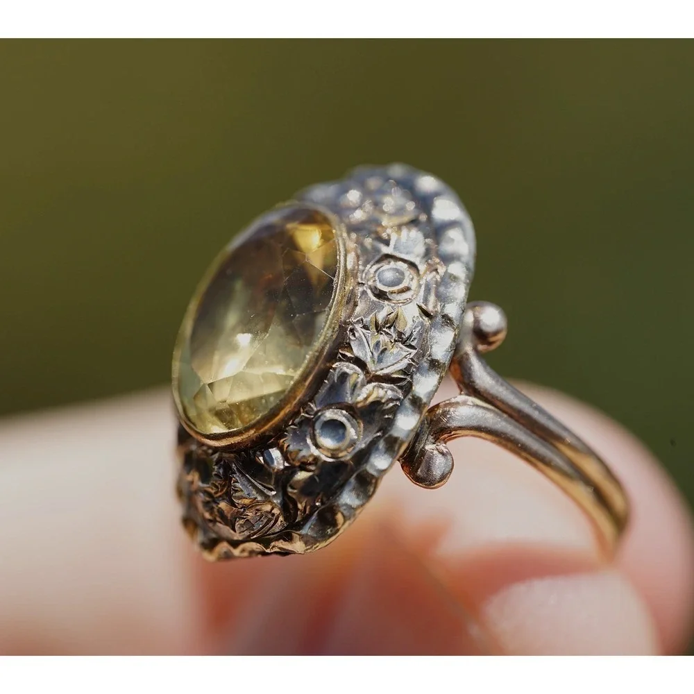 Victorian Antique 14k Solid Yellow Gold Flower Natural Citrine Ring Size 6.5 5g